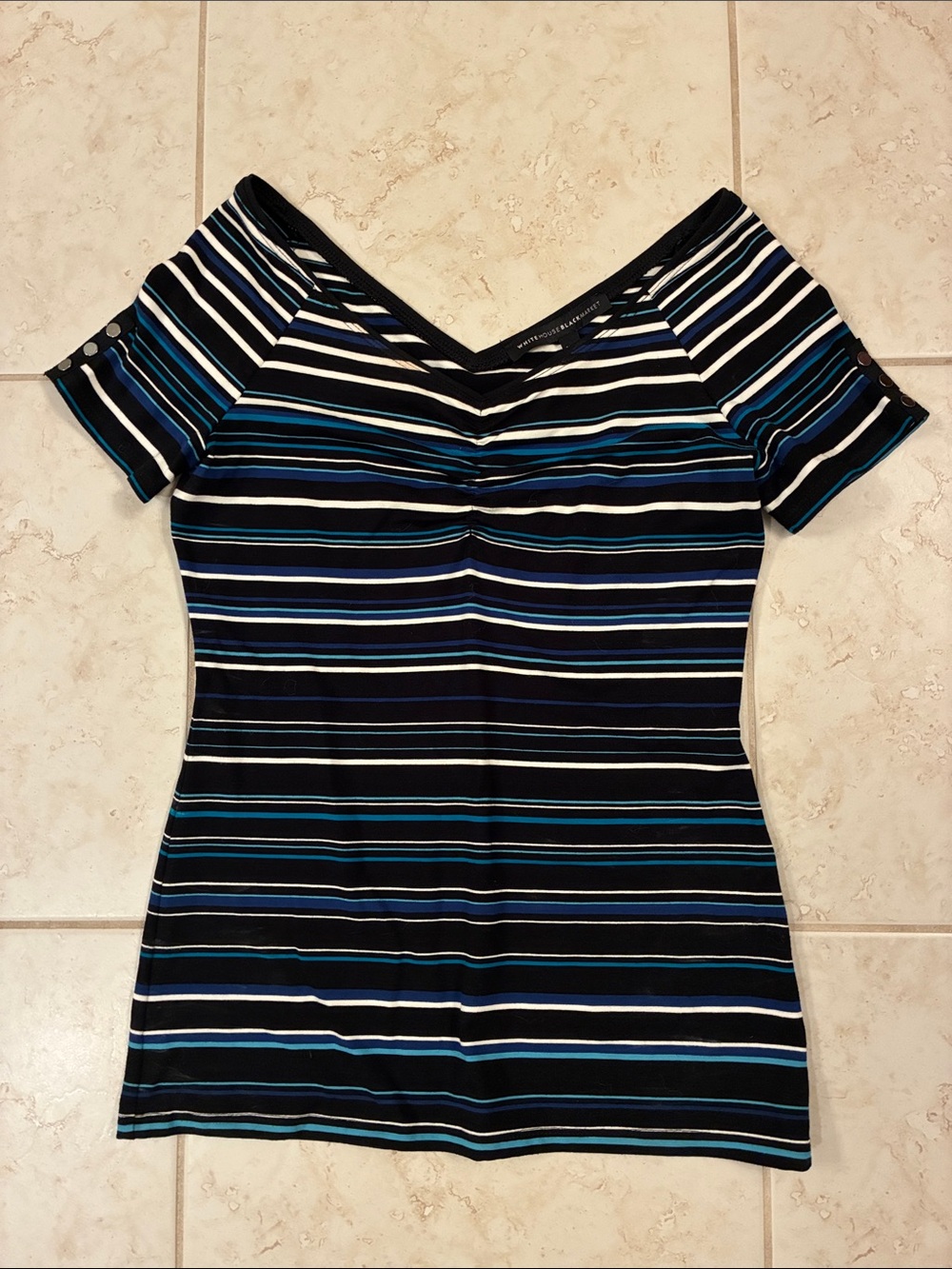 White House Black Market Blue, Black & White Striped Top